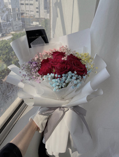 Premium Red Roses with Rainbow Baby Breath