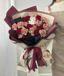 Fresh Red Roses with Rustic Vintage Carnations Bouquet