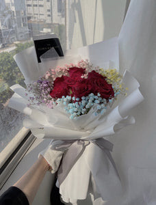 Premium Red Roses with Rainbow Baby Breath