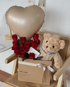 16 Stalks of Red Roses with Teddy Bear and Balloon