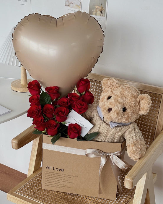 16 Stalks of Red Roses with Teddy Bear and Balloon