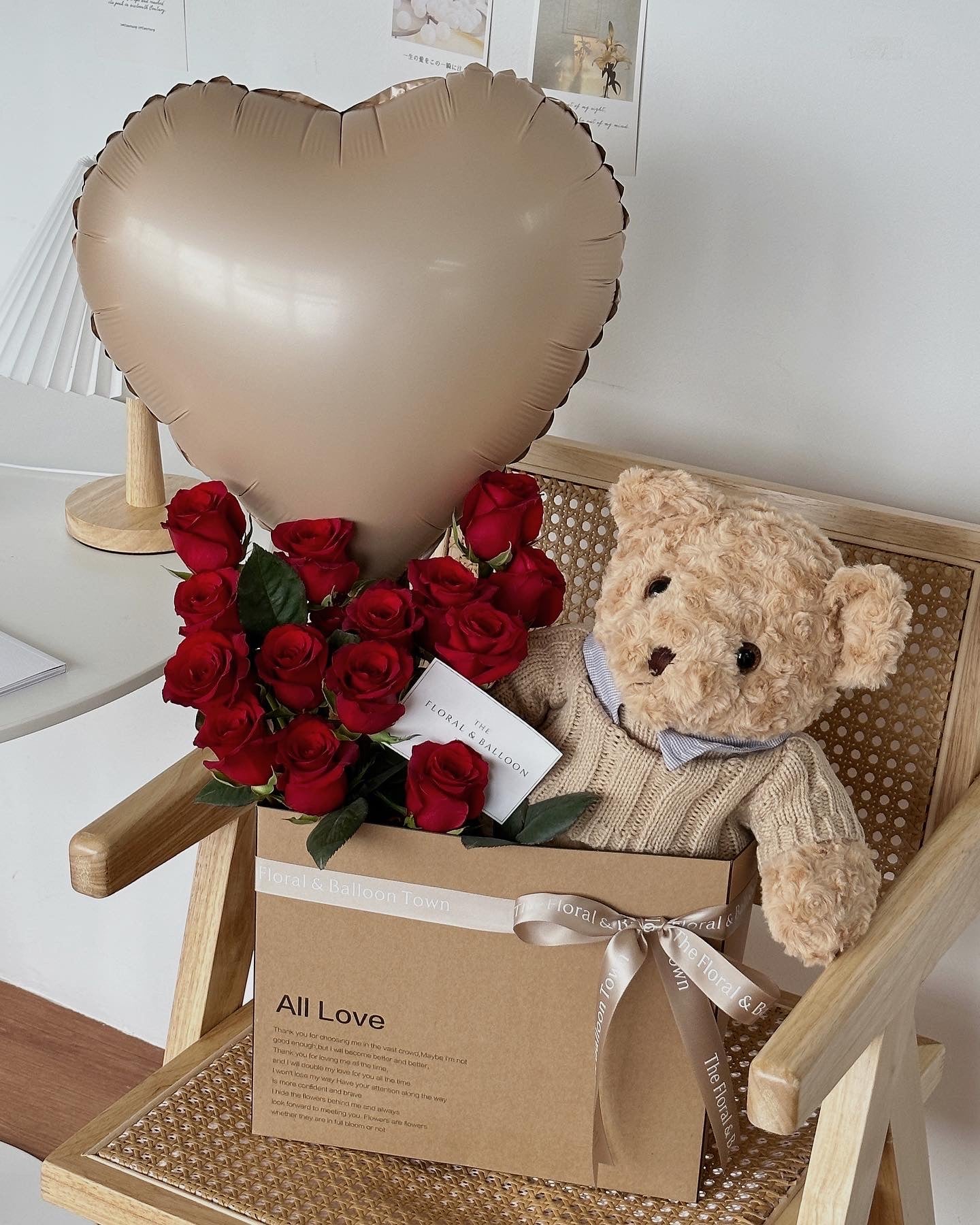 16 Stalks of Red Roses with Teddy Bear and Balloon